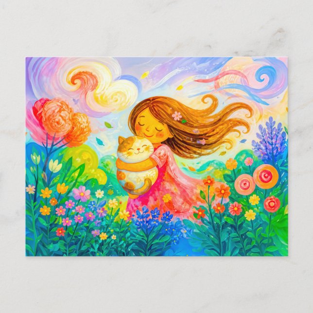 Mädchen mit Katze im luftigen Sommergarten Postkarte (Vorderseite)