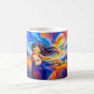 Mädchen mit Katze in fließenden, windigen Farben Kaffeetasse