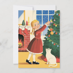 Mädchen mit Katze schmückt Weihnachtsbaum Vintage Feiertagskarte