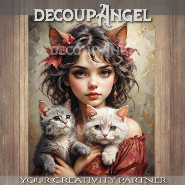 Mädchen mit Katzen-Decoupage Seidenpapier (Von Creator hochgeladen)