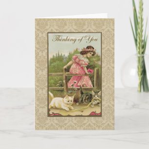 Mädchen mit Katzen "Denke an Dich" Vintage-Reprodu Karte