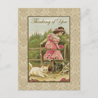 Mädchen mit Katzen denken Sie an Vintage Reprodukt Postkarte