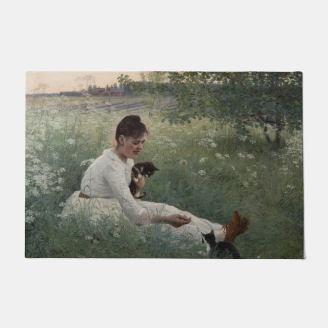 Mädchen mit Katzen in einer Sommerlandschaft (Kätz Fußmatte (Vorderseite)