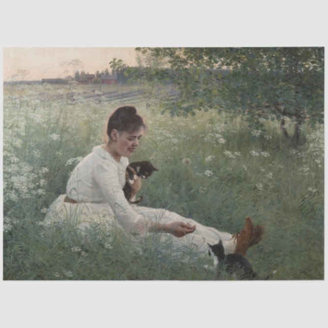 Mädchen mit Katzen in einer Sommerlandschaft (Kätz Seidenpapier (Vorderseite)