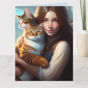 MÄDCHEN MIT KATZKATZEN KUNST Grußkarten Karte