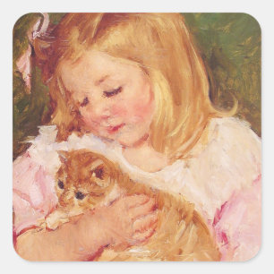 Mädchen mit Kitten, Mary Cassatt Quadratischer Aufkleber