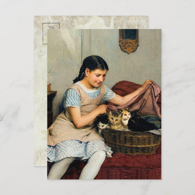Mädchen mit Kittens in Basket von Albert Anker Postkarte (Vorne/Hinten)