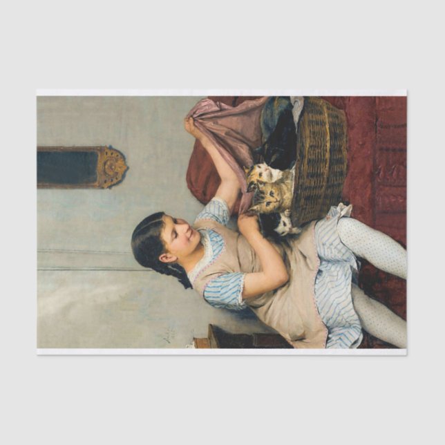 Mädchen mit Kittens in Basket von Albert Anker Seidenpapier (Vorderseite)