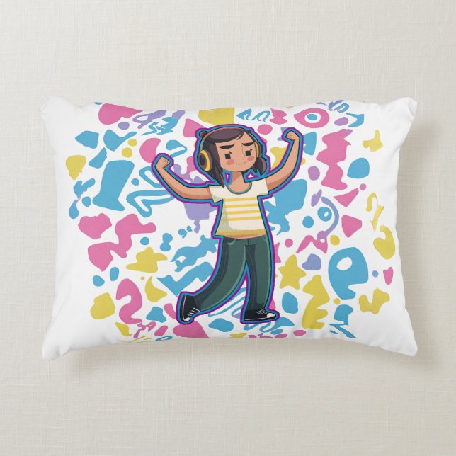 Mädchen mit Kopfhörern, die selbstbewusst spielen  Dekokissen (Vorderseite)