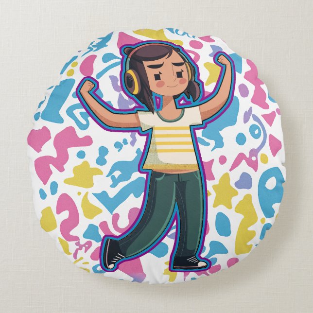 Mädchen mit Kopfhörern, die selbstbewusst spielen  Rundes Kissen (Vorderseite)