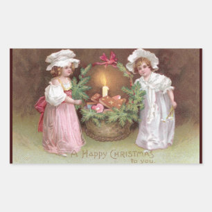 Mädchen mit Korb voller Weihnachtskekse Vintage Rechteckiger Aufkleber