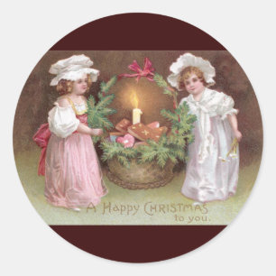 Mädchen mit Korb voller Weihnachtskekse Vintage Runder Aufkleber