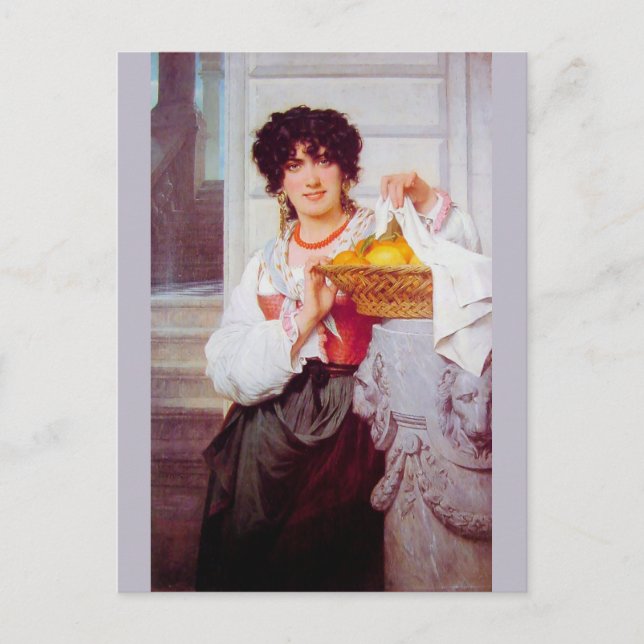 Mädchen mit Körbchen Orangen und Zitronen von Cot Postkarte (Vorderseite)
