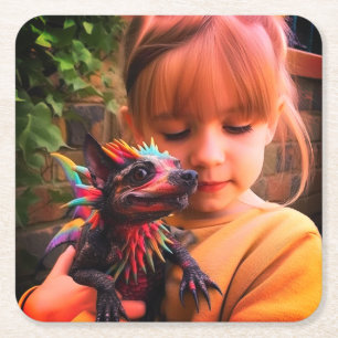 Mädchen mit Kreatur Rechteckiger Pappuntersetzer