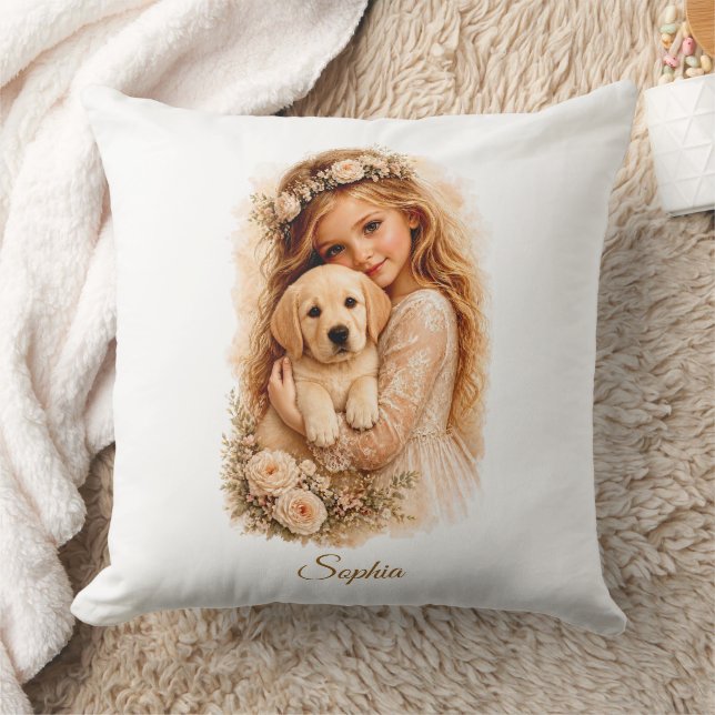 Mädchen mit Labrador-Welpe Kissen (Decke)