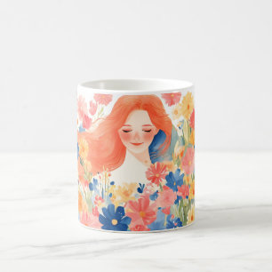 Mädchen mit Launen im blühenden Blumengarten Kaffeetasse