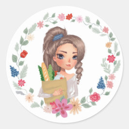 Mädchen mit Lebensmitteln Runder Aufkleber