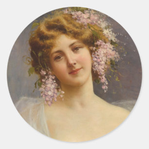 Mädchen mit Lilacs, Achille Beltrame Art Runder Aufkleber