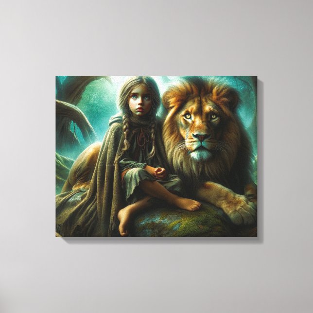 Mädchen mit Löwe Leinwanddruck (Vorderseite)
