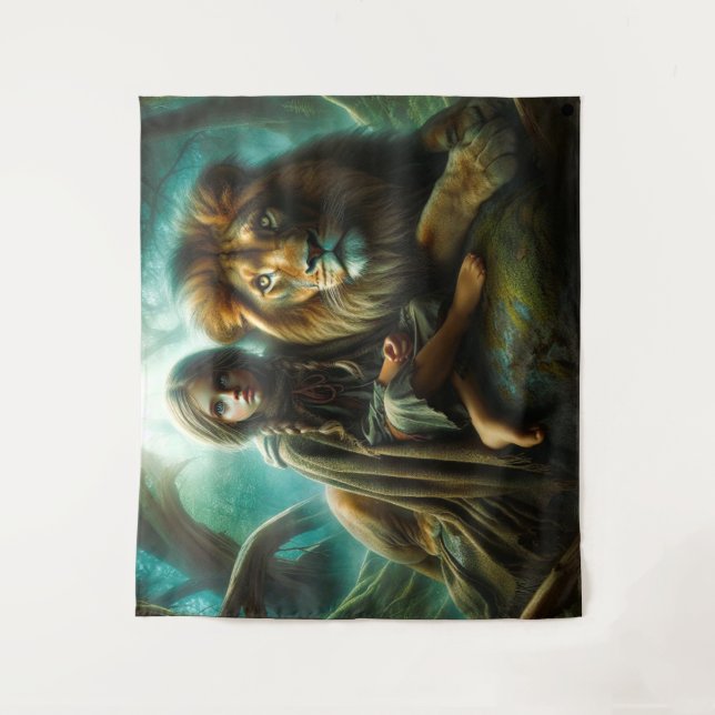 Mädchen mit Löwe Wandteppich (Vorderseite)