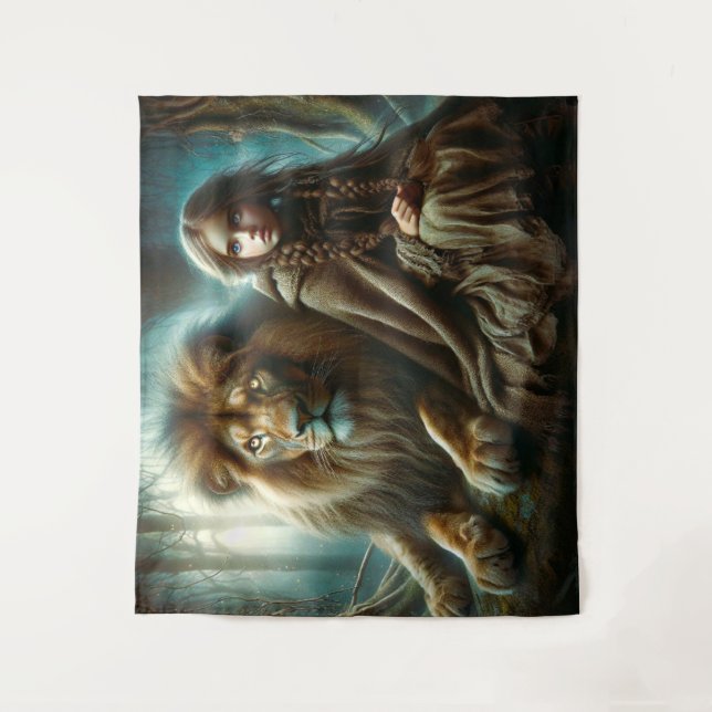 Mädchen mit Löwe Wandteppich (Vorderseite)