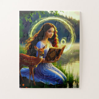 Mädchen mit magischem Hirsch und Buch Puzzle