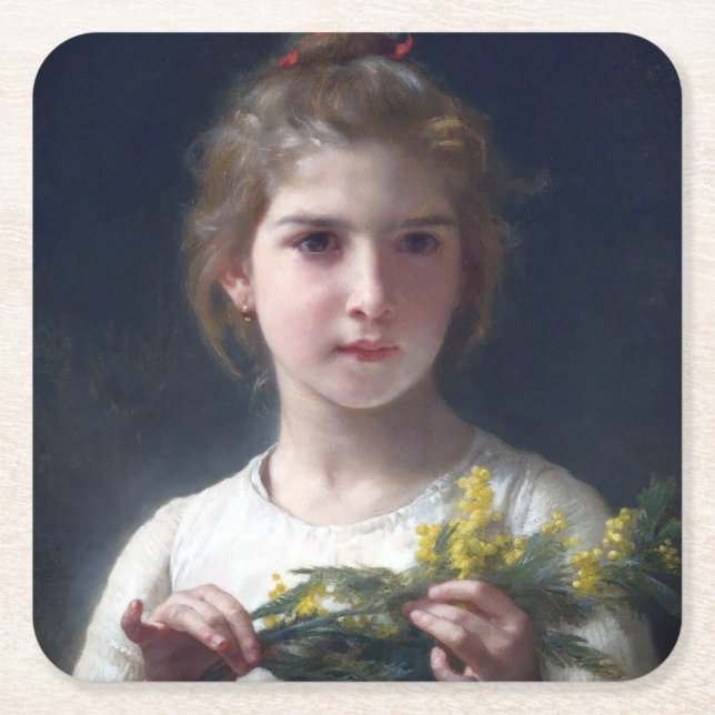 Mädchen mit Mimosa, Bouguereau Rechteckiger Pappuntersetzer (Vorderseite)
