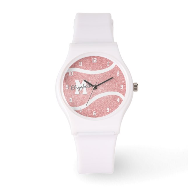 Mädchen mit Monogramm Pink-Tennisspieler Armbanduhr (Vorderseite)