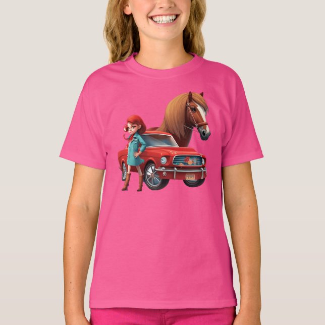 Mädchen mit Mustang Car Horse T-Shirt (Vorderseite)