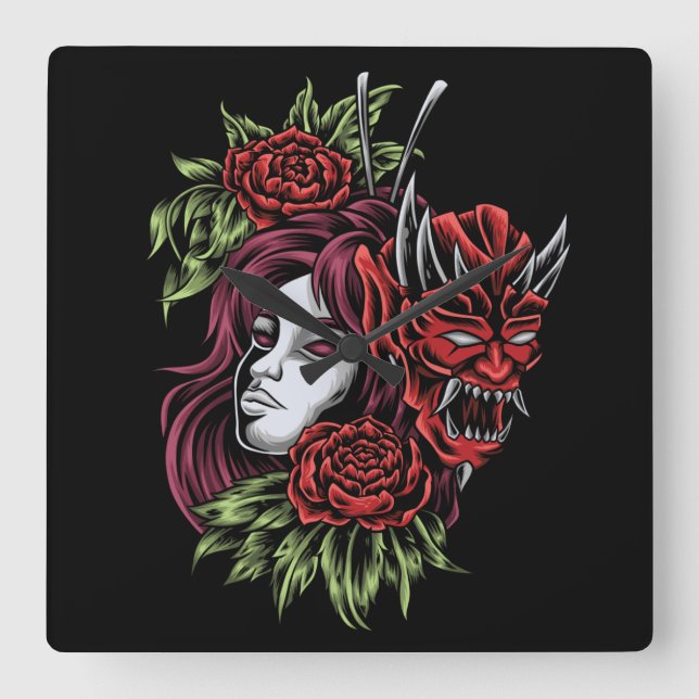 Mädchen mit Oni-Maske Quadratische Wanduhr (Vorderseite)
