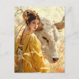Mädchen mit Ox-chinesischer Zodiac-Kunst Postkarte