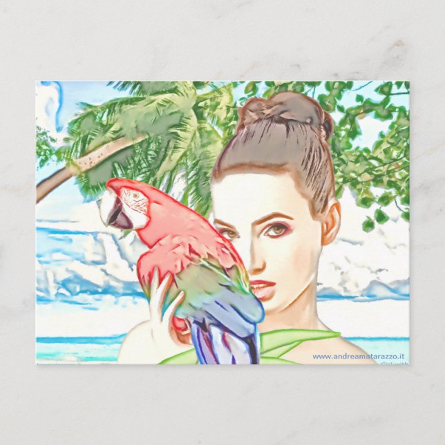 Mädchen mit Papagei Postkarte (Vorderseite)