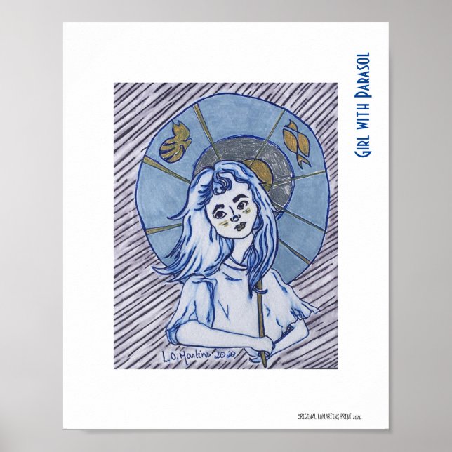 Mädchen mit Parasol, blaues Farbportrait auf weiße Poster (Vorne)
