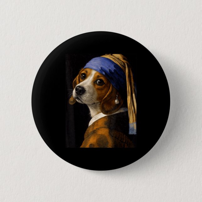 Mädchen mit Perlenohrring Beagle lustiger Hund Mem Button (Vorderseite)