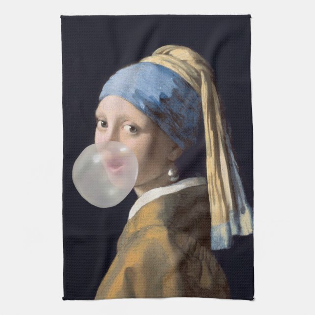 Mädchen mit Perlenohrring, die ein Kaugummi blasen Geschirrtuch (Vertikal)