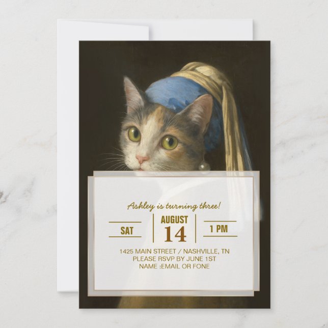 Mädchen mit Perlenohrring Katze Einladung (Vorderseite)