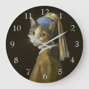 Mädchen mit Perlenohrring Katze Große Wanduhr