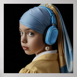Mädchen mit Perlenohrring und blauen Kopfhörer Aut Poster