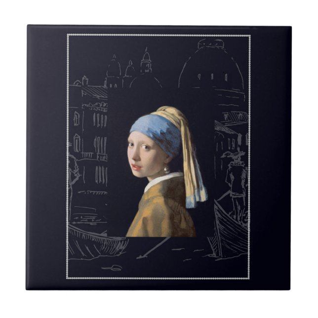 Mädchen mit Perlring Vermeer Art Fliese (Vorderseite)