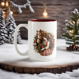 Mädchen mit Pferd und Kranz Weihnachten Zweifarbige Tasse
