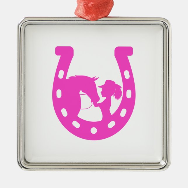 Mädchen mit Pferd und Western-Hut Hot Pink Horsesh Ornament Aus Metall (Vorne)
