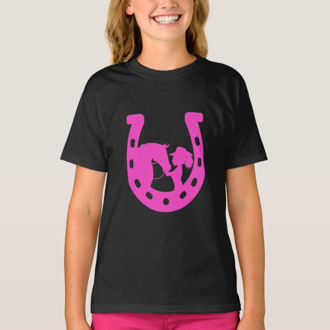 Mädchen mit Pferd und Western-Hut Hot Pink Horsesh T-Shirt (Vorderseite)