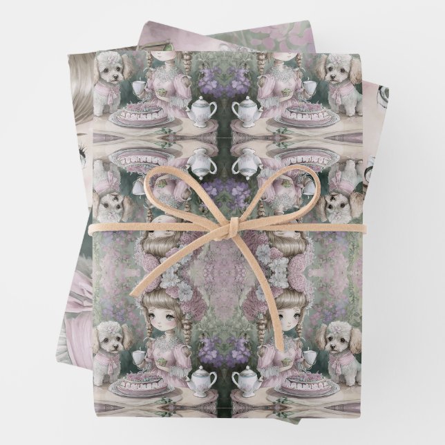 Mädchen mit Poodle- und Katzenfreunden Geschenkpapier Set (Beispiel)