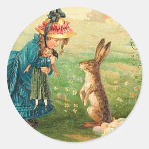 Mädchen mit Puppe und Kaninchen Vintage Ostern Runder Aufkleber
