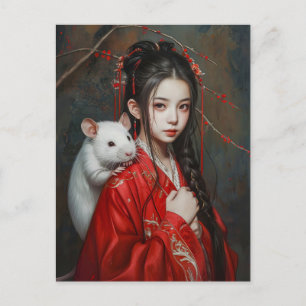 Mädchen mit Ratte Chinesische Sternzeichen-Kunst Postkarte