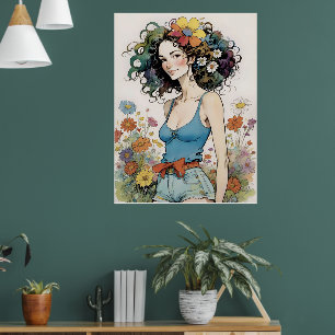 Mädchen mit Regenbogen-Blume im Haar Poster