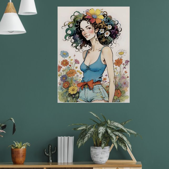 Mädchen mit Regenbogen-Blume im Haar Poster (Wohnzimmer 1)