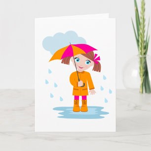 Mädchen mit Regenschirm an regnerischen Tagen für Karte