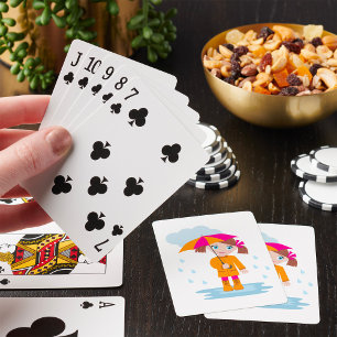 Mädchen mit Regenschirm an regnerischen Tagen für Spielkarten