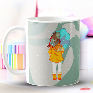 Mädchen mit Regenschirm im Wind zeichnet grünen Wi Kaffeetasse